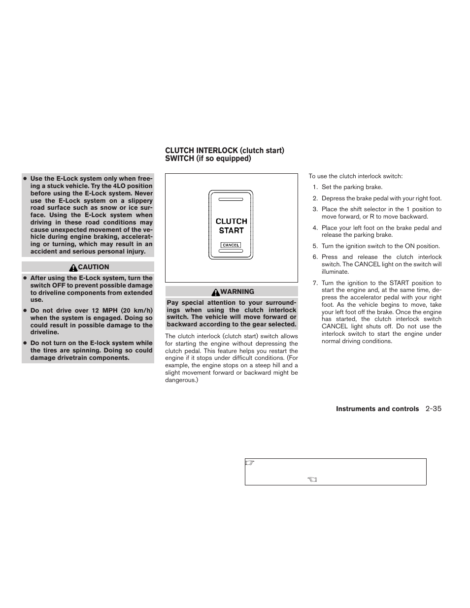 Clutch interlock (clutch start) switch, If so equipped) -35 | NISSAN 2009 Frontier User Manual | Page 123 / 366