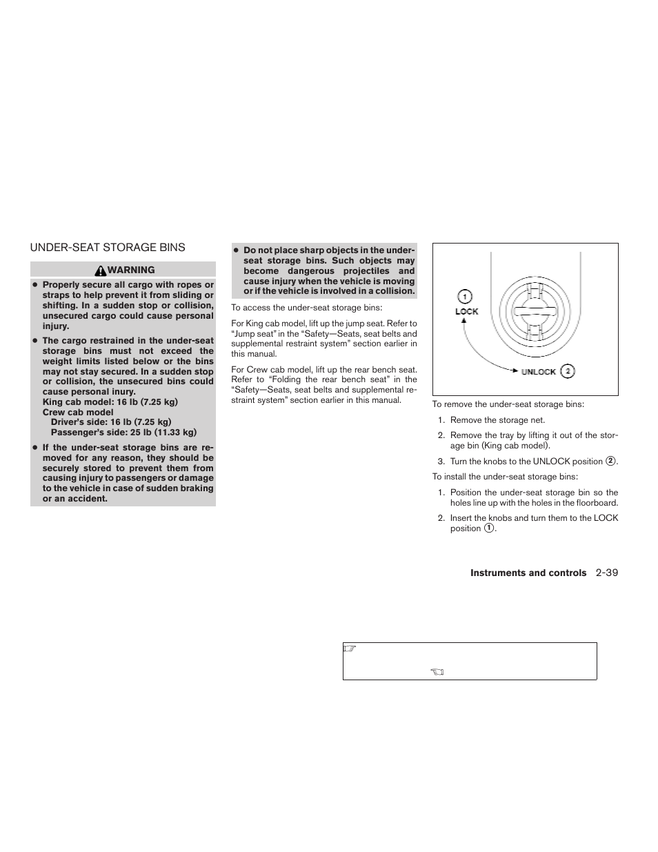 Under-seat storage bins -39 | NISSAN 2009 Frontier User Manual | Page 127 / 366