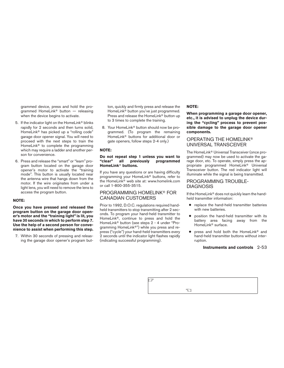 Programming homelink, For canadian, Customers -53 operating the homelink | Universal, Transceiver -53 programming trouble-diagnosis -53 | NISSAN 2009 Frontier User Manual | Page 141 / 366