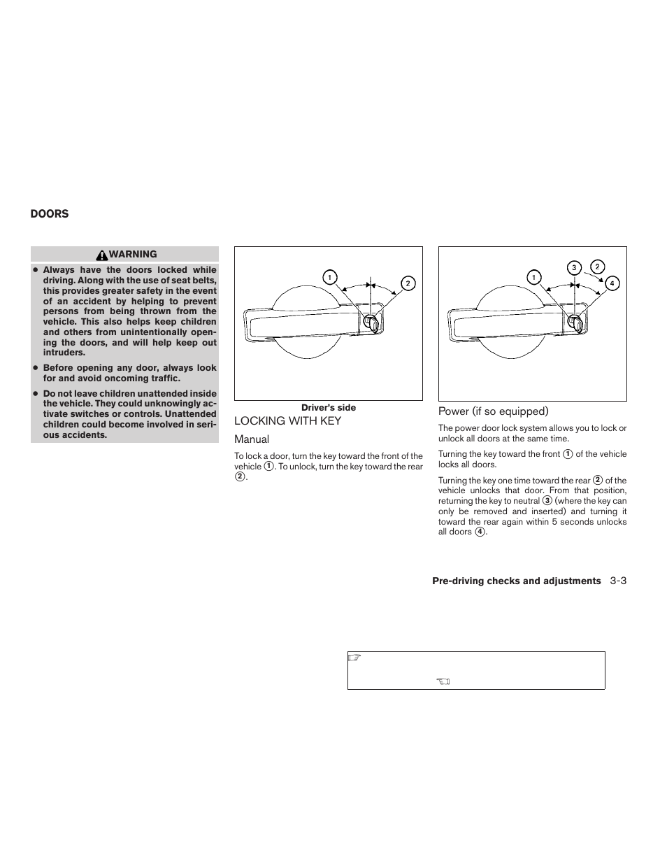 Doors -3, Locking with key -3 | NISSAN 2009 Frontier User Manual | Page 145 / 366