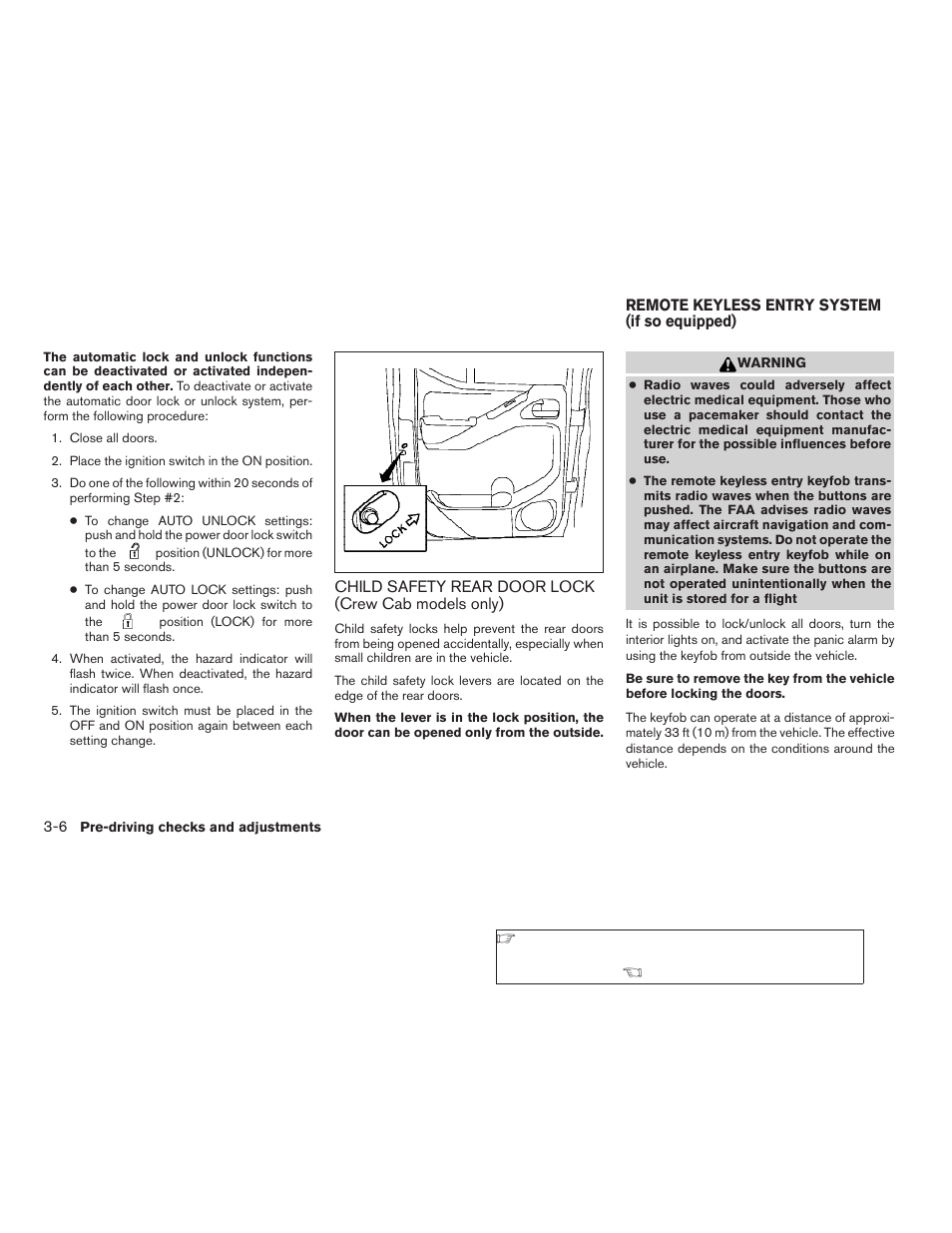 Child safety rear door lock, Crew cab models only) -6, Remote keyless entry system (if so equipped) -6 | NISSAN 2009 Frontier User Manual | Page 148 / 366