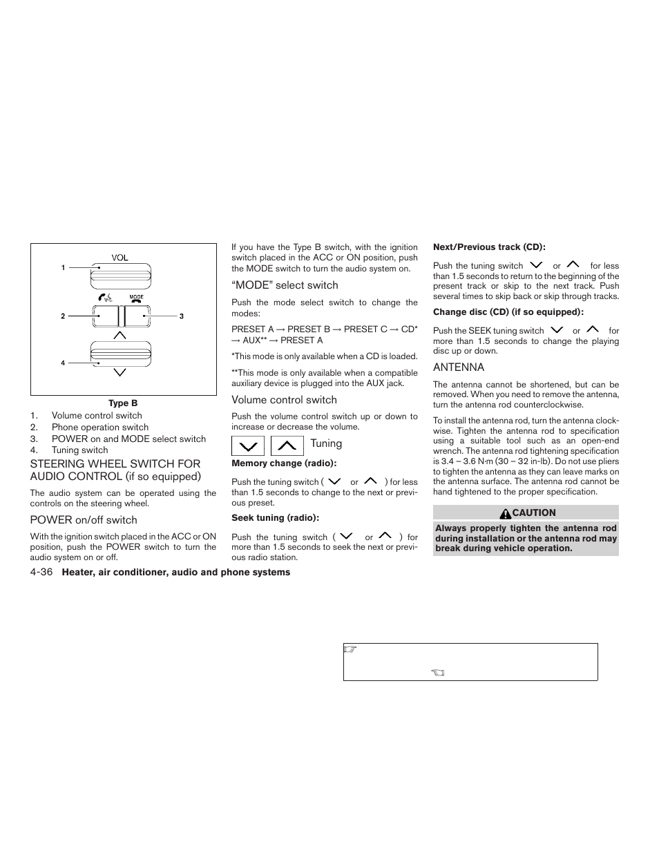 Steering wheel switch for audio control, If so equipped) -36 antenna -36 | NISSAN 2009 Frontier User Manual | Page 196 / 366