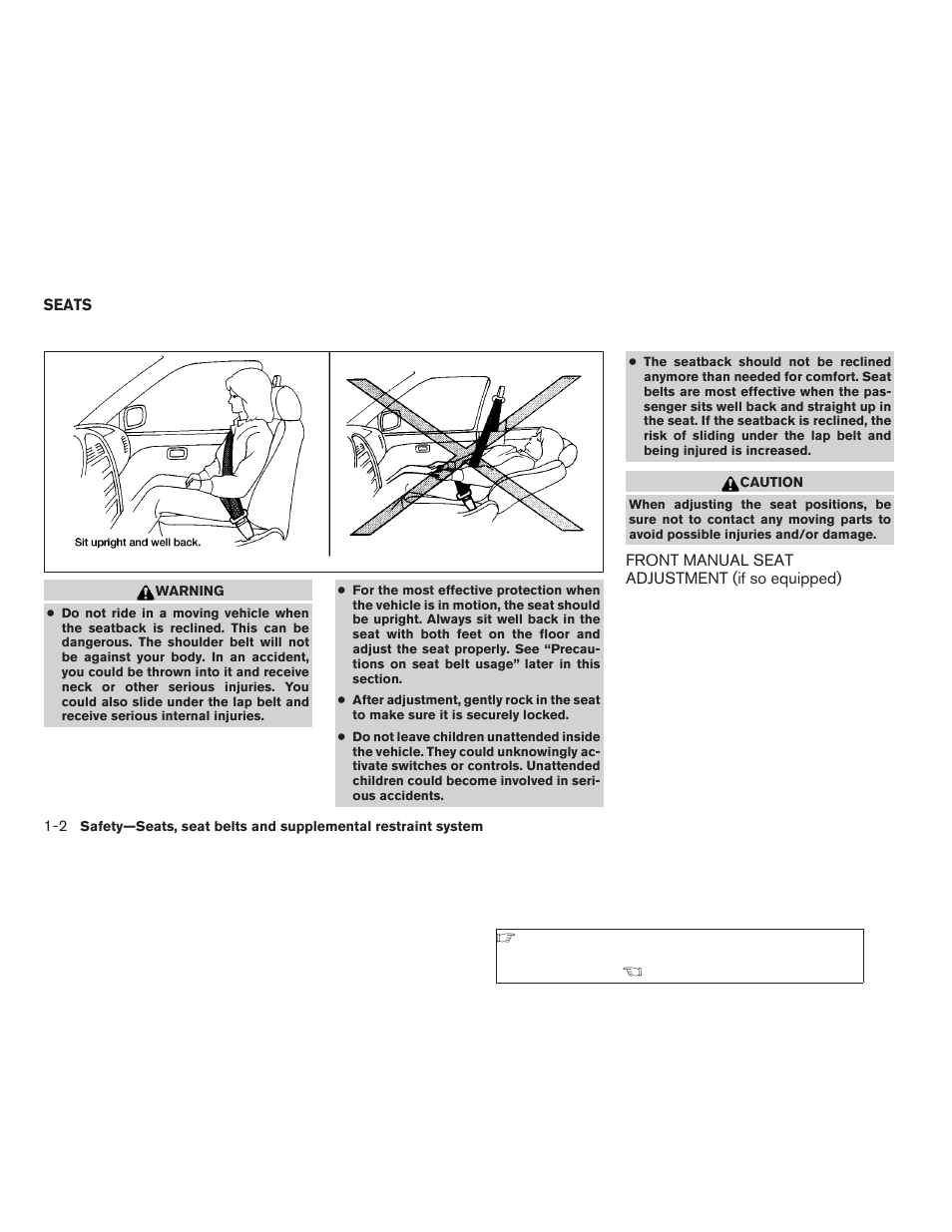 Seats -2, Front manual seat adjustment, If so equipped) -2 | NISSAN 2009 Frontier User Manual | Page 20 / 366