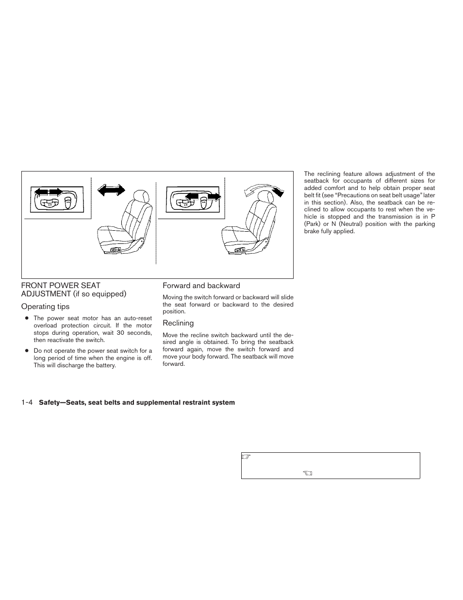 Front power seat adjustment, If so equipped) -4 | NISSAN 2009 Frontier User Manual | Page 22 / 366