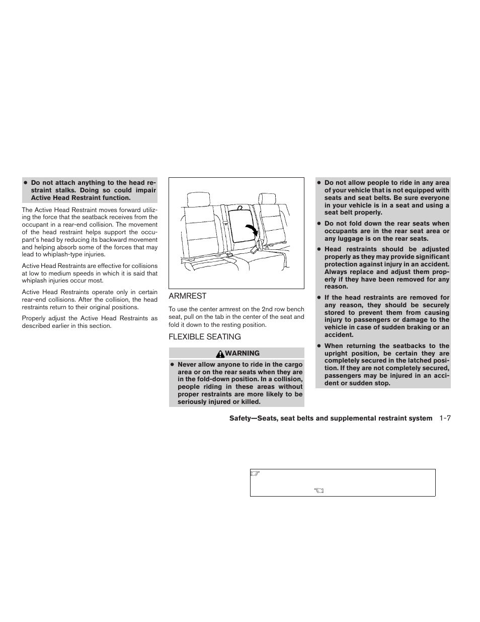 Armrest -7 flexible seating -7 | NISSAN 2009 Frontier User Manual | Page 25 / 366