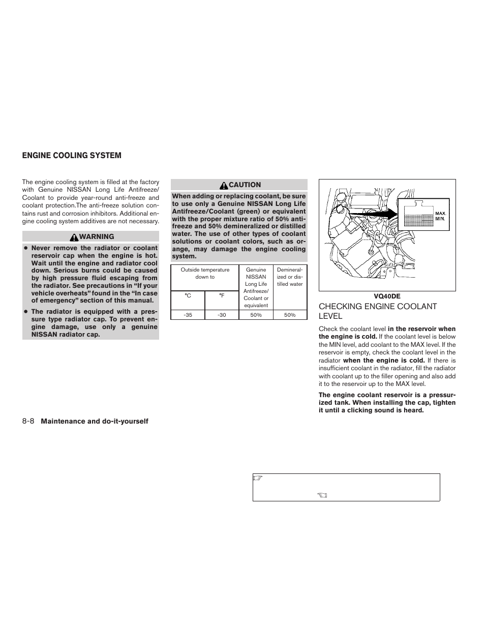 Engine cooling system -8, Checking engine coolant level -8 | NISSAN 2009 Frontier User Manual | Page 282 / 366