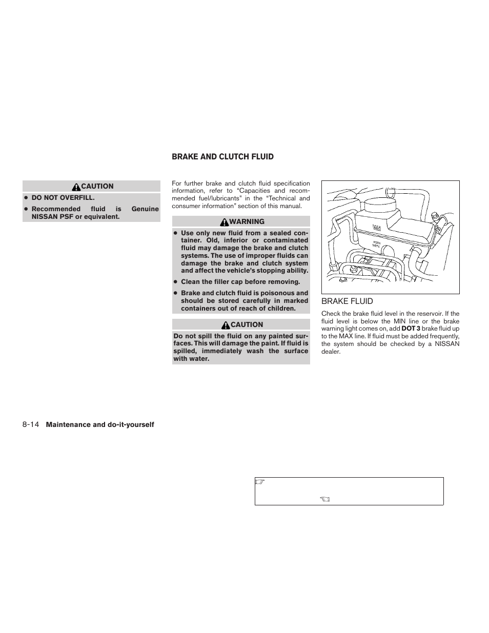 Brake and clutch fluid -14, Brake fluid -14 | NISSAN 2009 Frontier User Manual | Page 288 / 366