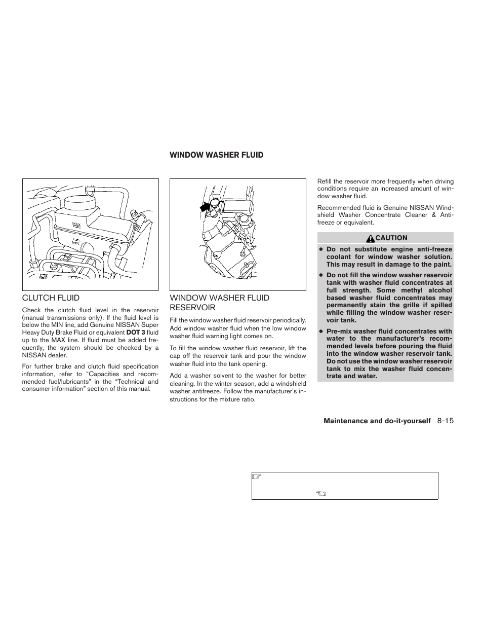 Clutch fluid -15, Window washer fluid -15, Window washer fluid reservoir -15 | NISSAN 2009 Frontier User Manual | Page 289 / 366