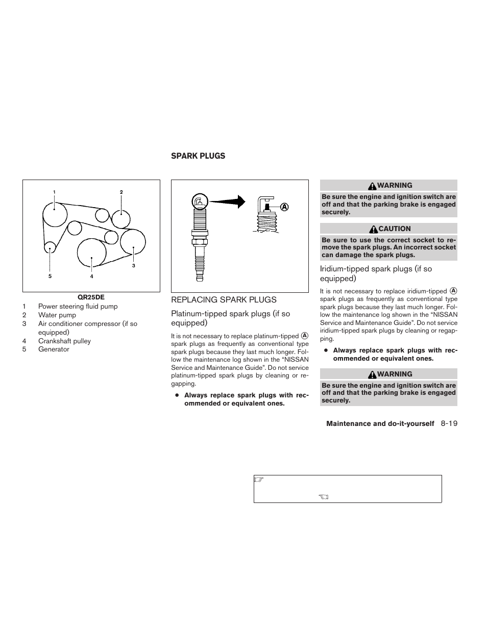 Spark plugs -19, Replacing spark plugs -19 | NISSAN 2009 Frontier User Manual | Page 293 / 366