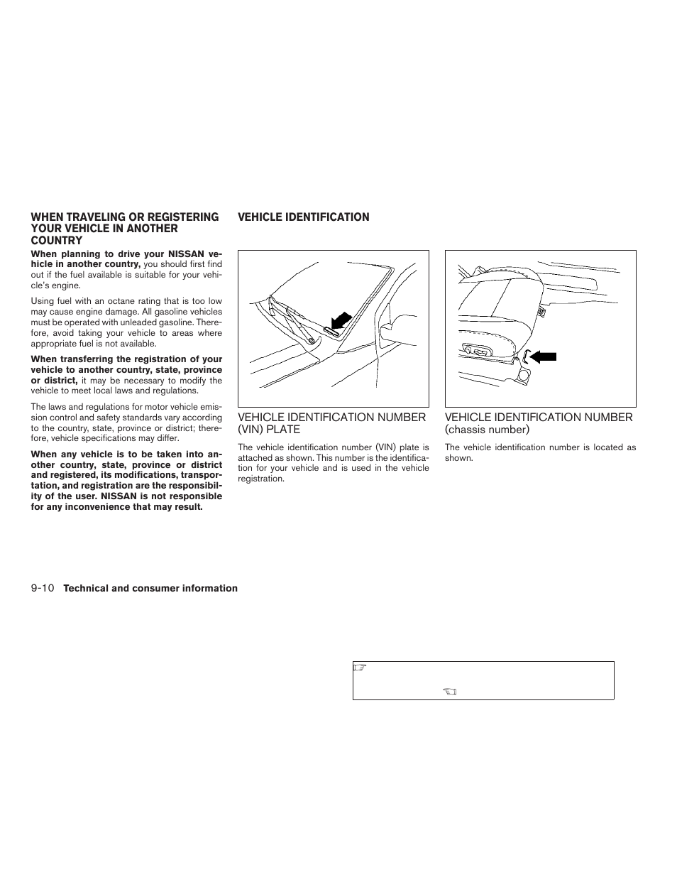 When traveling or registering your vehicle in, Another country -10 vehicle identification -10, Chassis number) -10 | NISSAN 2009 Frontier User Manual | Page 328 / 366
