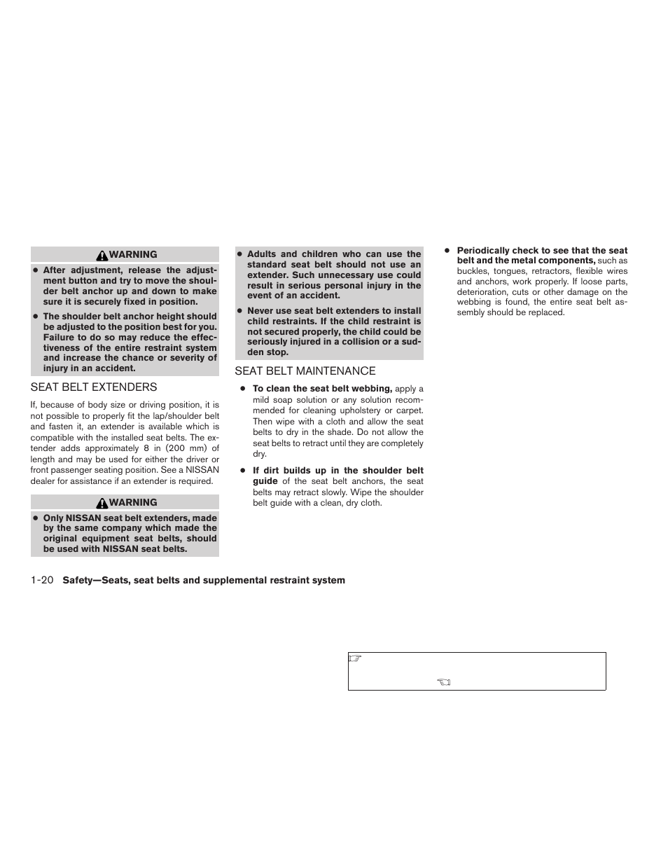 Seat belt extenders -20 seat belt maintenance -20 | NISSAN 2009 Frontier User Manual | Page 38 / 366