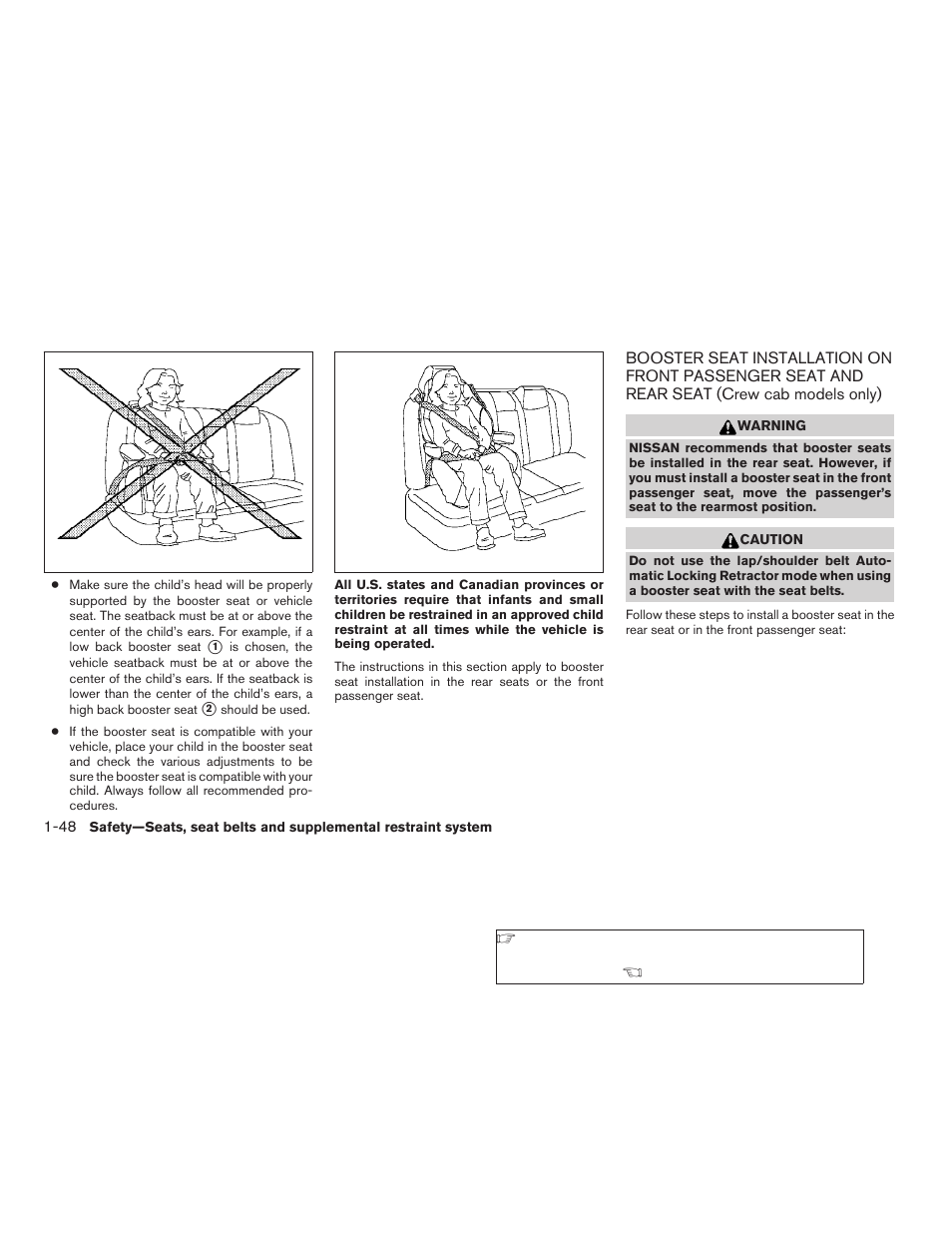 Booster seat installation on front passenger, Seat and rear seat (crew cab models only) -48 | NISSAN 2009 Frontier User Manual | Page 66 / 366