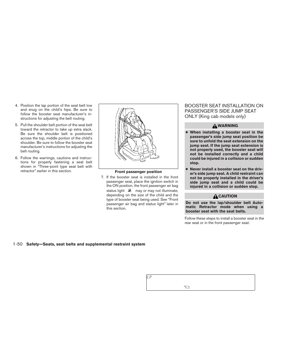 Booster seat installation on passenger’s side, Jump seat only (king cab models only) -50 | NISSAN 2009 Frontier User Manual | Page 68 / 366
