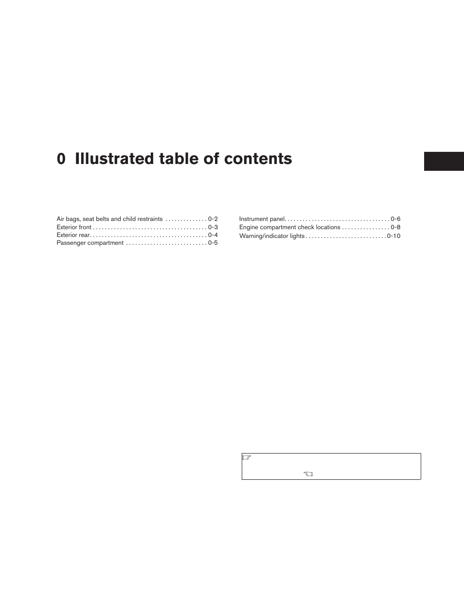 Illustrated table of contents, 0 illustrated table of contents | NISSAN 2009 Frontier User Manual | Page 7 / 366