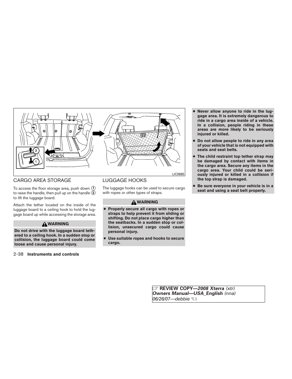 Cargo area storage -38 luggage hooks -38 | NISSAN 2008 Xterra User Manual | Page 114 / 320