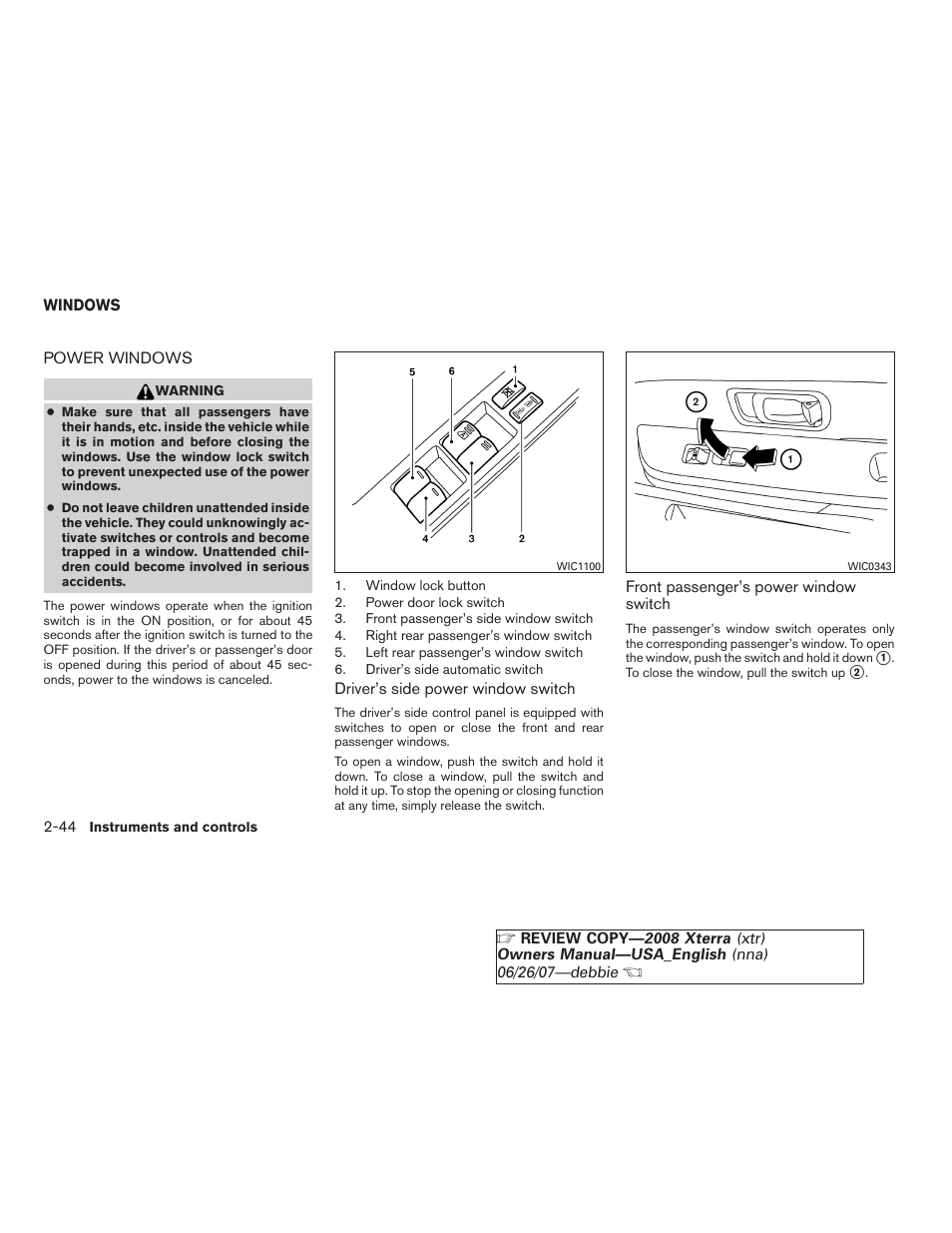 Windows -44, Power windows -44 | NISSAN 2008 Xterra User Manual | Page 120 / 320