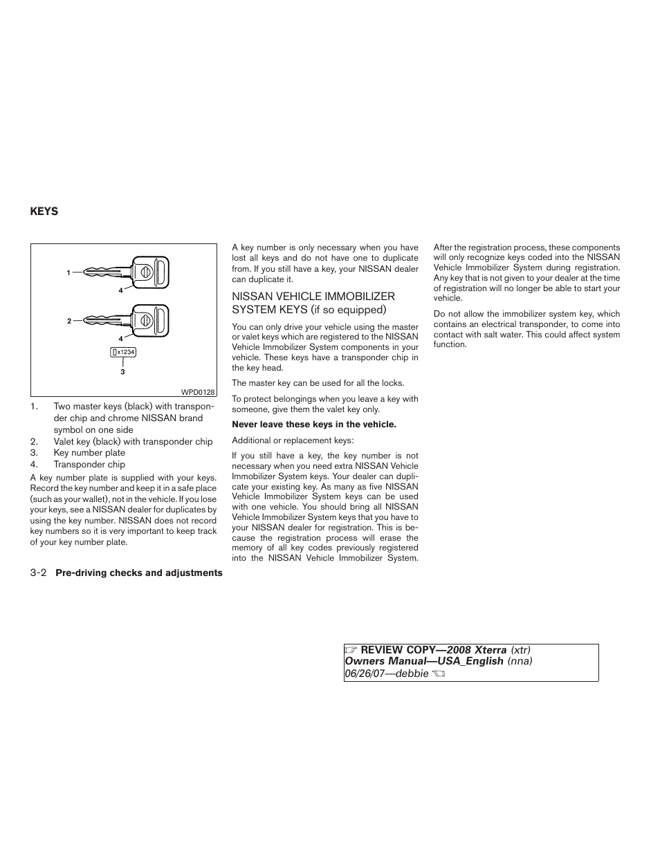 Keys -2, Nissan vehicle immobilizer system keys, If so equipped) -2 | NISSAN 2008 Xterra User Manual | Page 126 / 320