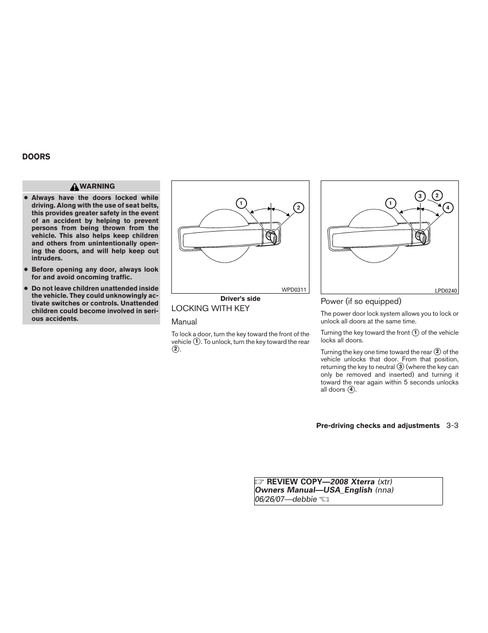 Doors -3, Locking with key -3 | NISSAN 2008 Xterra User Manual | Page 127 / 320
