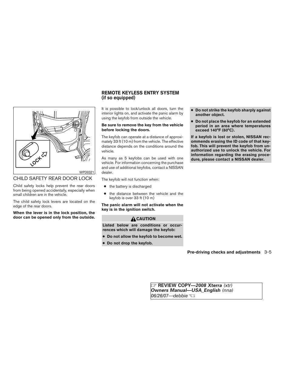 Child safety rear door lock -5, Remote keyless entry system (if so equipped) -5 | NISSAN 2008 Xterra User Manual | Page 129 / 320
