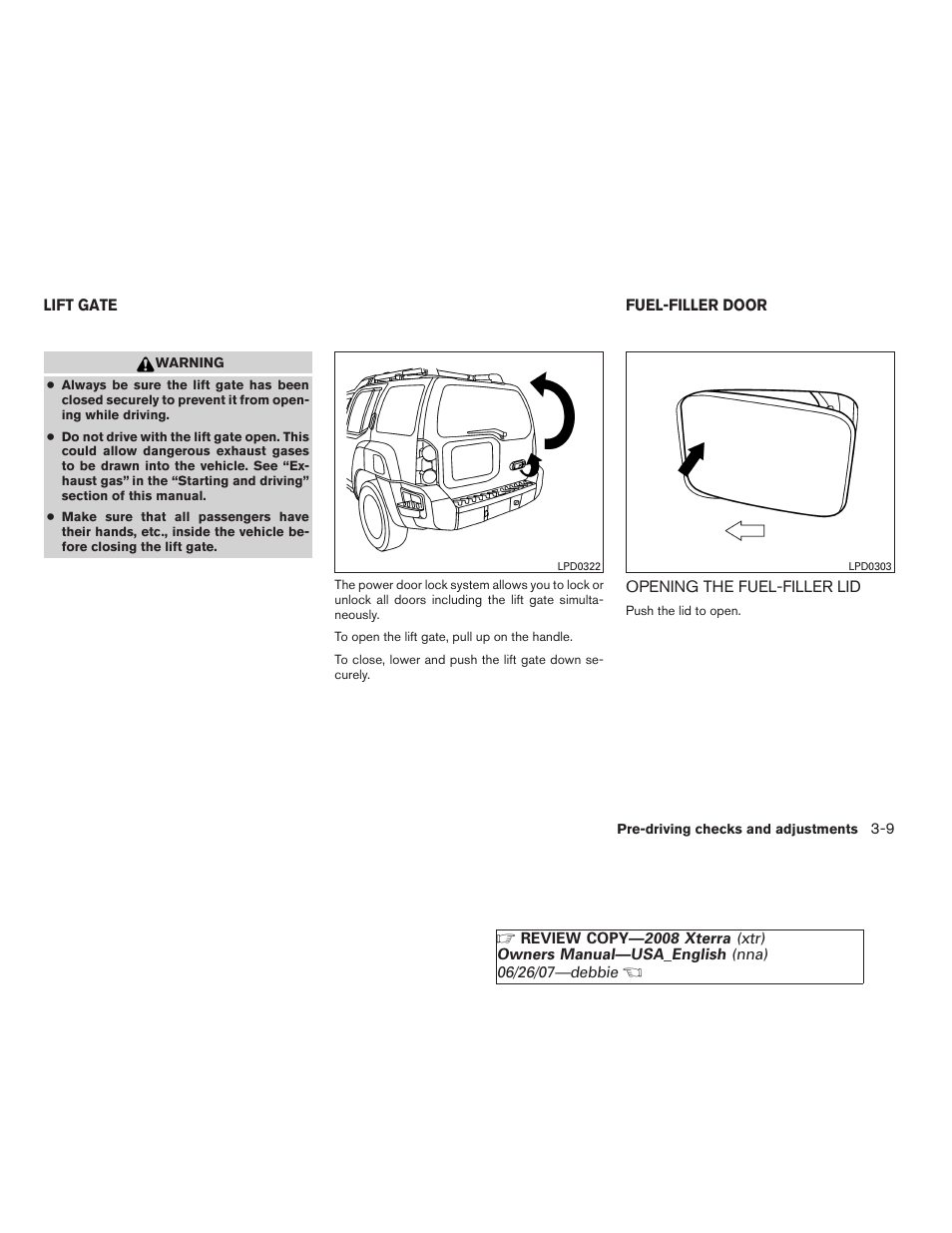 Lift gate -9, Fuel-filler door -9, Opening the fuel-filler lid -9 | NISSAN 2008 Xterra User Manual | Page 133 / 320