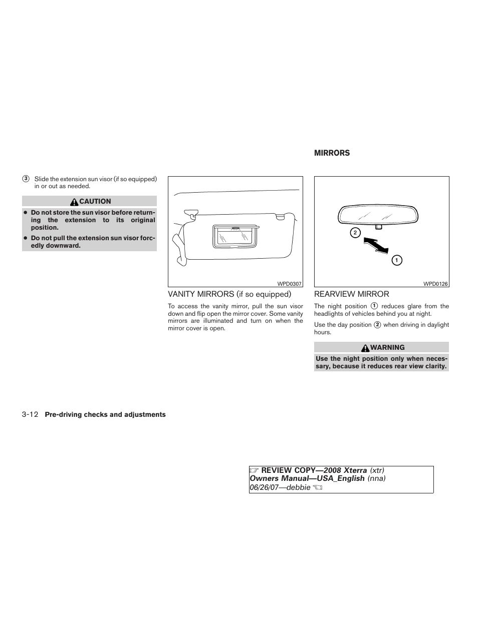 Vanity mirrors (if so equipped) -12, Mirrors -12, Rearview mirror -12 | NISSAN 2008 Xterra User Manual | Page 136 / 320