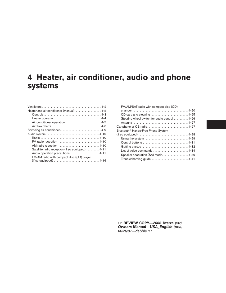 Heater, air conditioner, audio and phone systems, 4 heater, air conditioner, audio and phone systems | NISSAN 2008 Xterra User Manual | Page 139 / 320