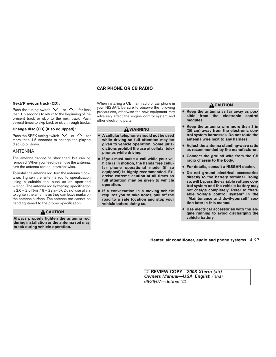 Antenna -27, Car phone or cb radio -27 | NISSAN 2008 Xterra User Manual | Page 165 / 320