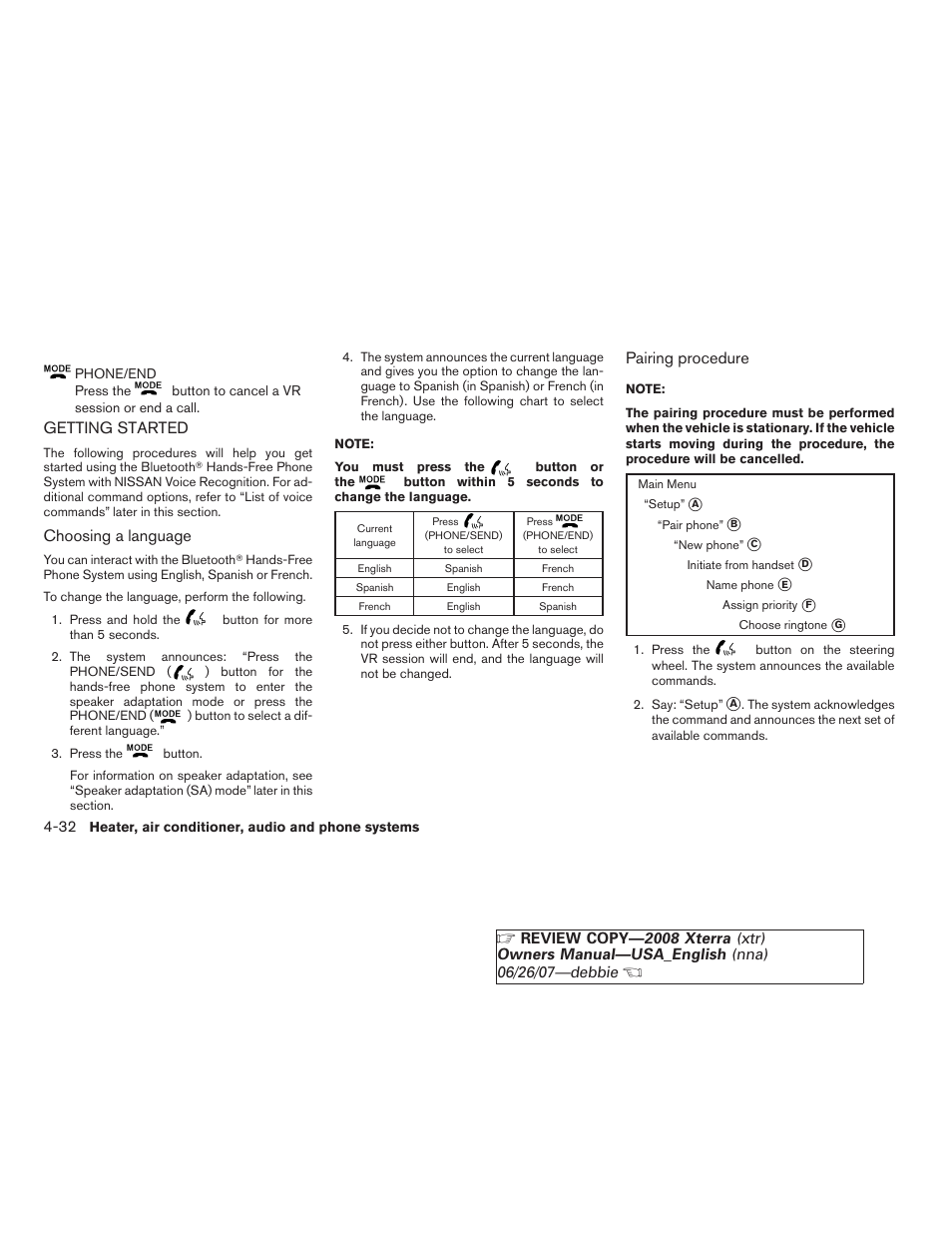 Getting started -32 | NISSAN 2008 Xterra User Manual | Page 170 / 320