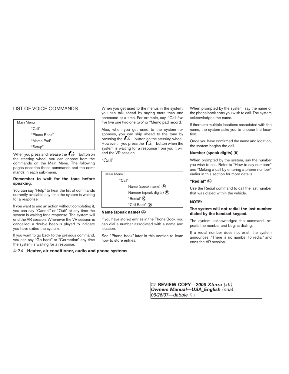 List of voice commands -34 | NISSAN 2008 Xterra User Manual | Page 172 / 320