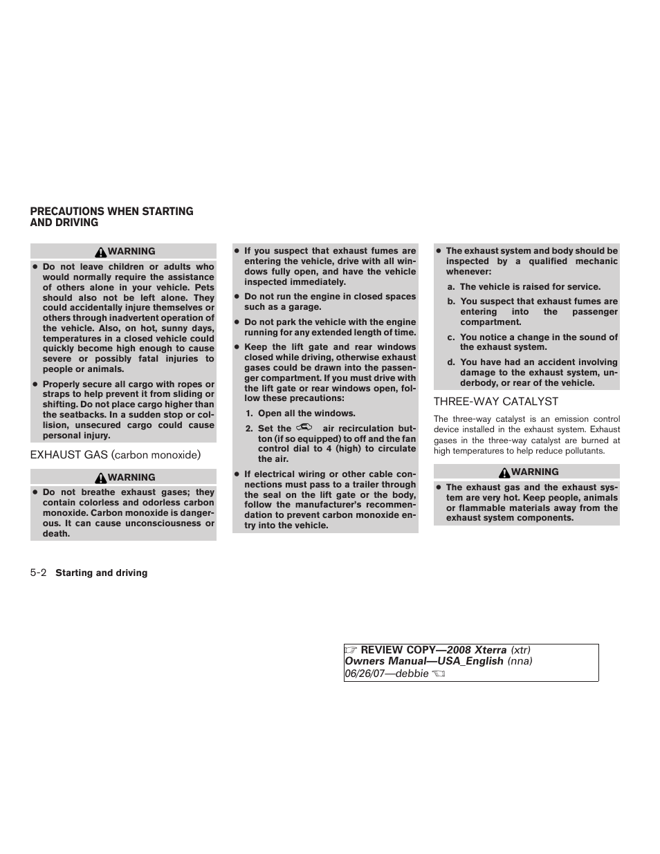 Precautions when starting and driving -2, Exhaust gas (carbon monoxide) -2, Three-way catalyst -2 | NISSAN 2008 Xterra User Manual | Page 182 / 320