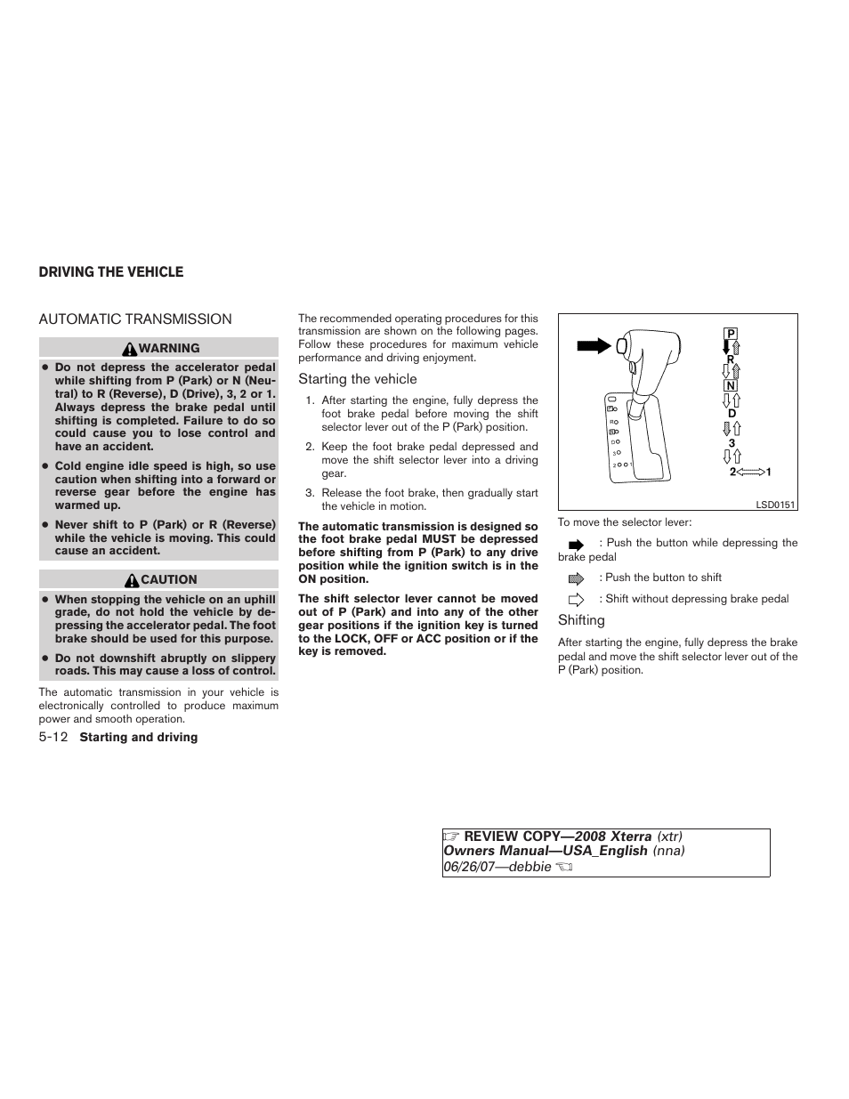 Driving the vehicle -12, Automatic transmission -12 | NISSAN 2008 Xterra User Manual | Page 192 / 320