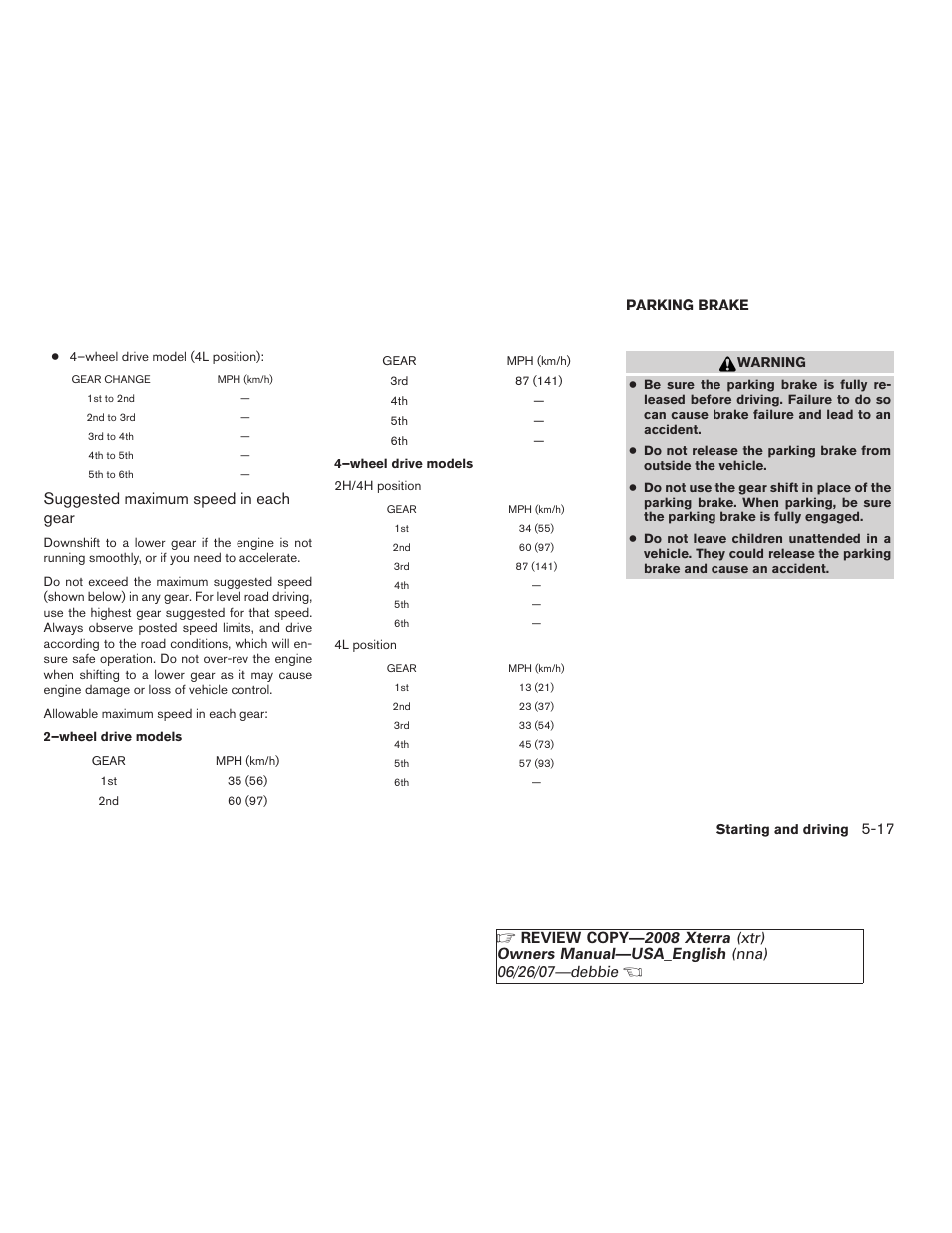 Parking brake -17, Suggested maximum speed in each gear, Parking brake | NISSAN 2008 Xterra User Manual | Page 197 / 320