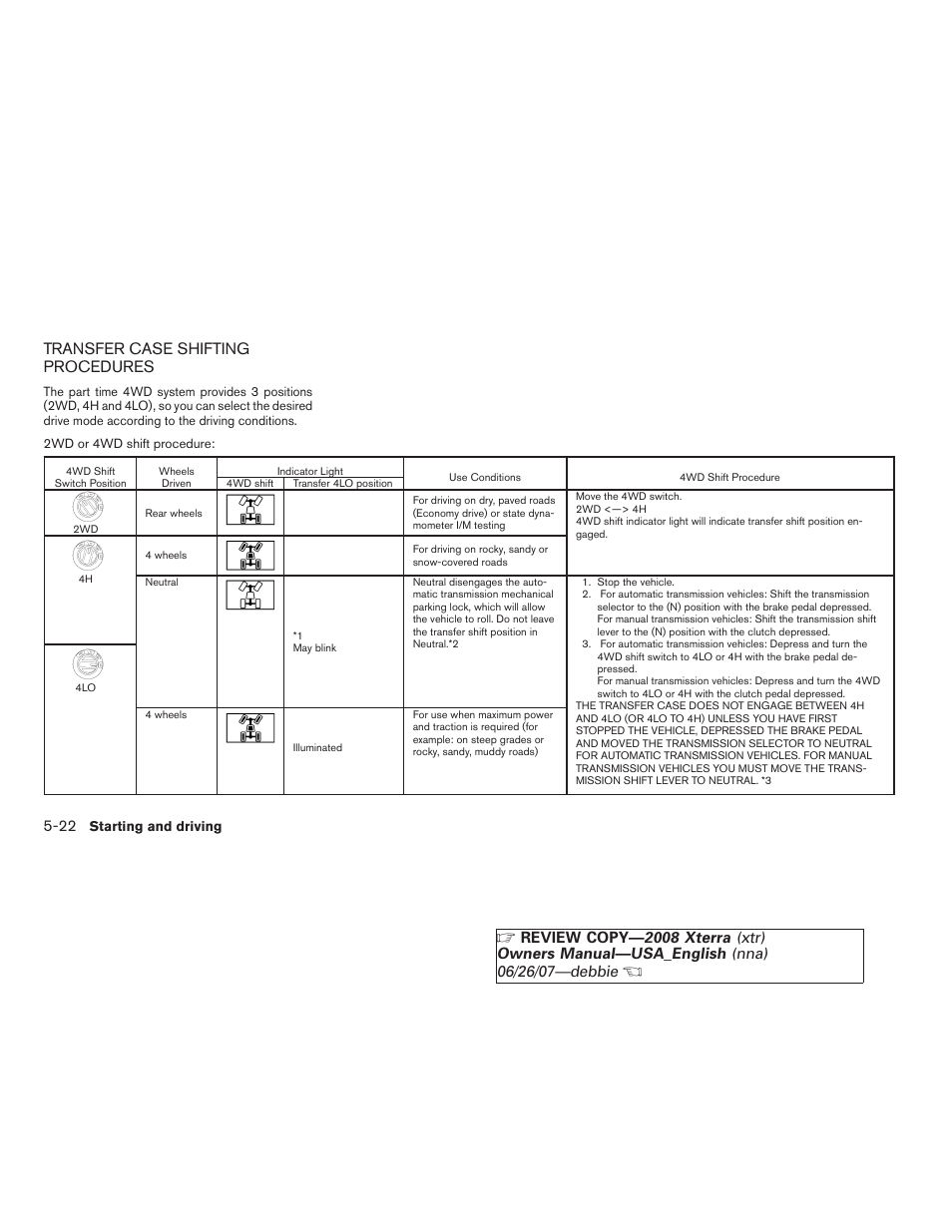 Transfer case shifting procedures -22, Transfer case shifting procedures | NISSAN 2008 Xterra User Manual | Page 202 / 320