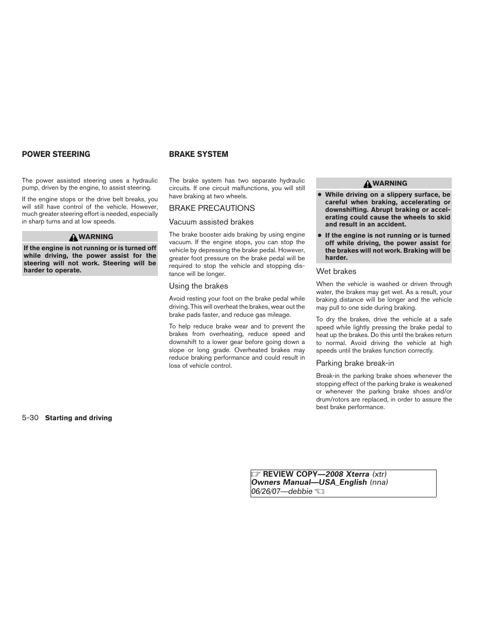 Power steering -30, Brake system -30, Brake precautions -30 | NISSAN 2008 Xterra User Manual | Page 210 / 320
