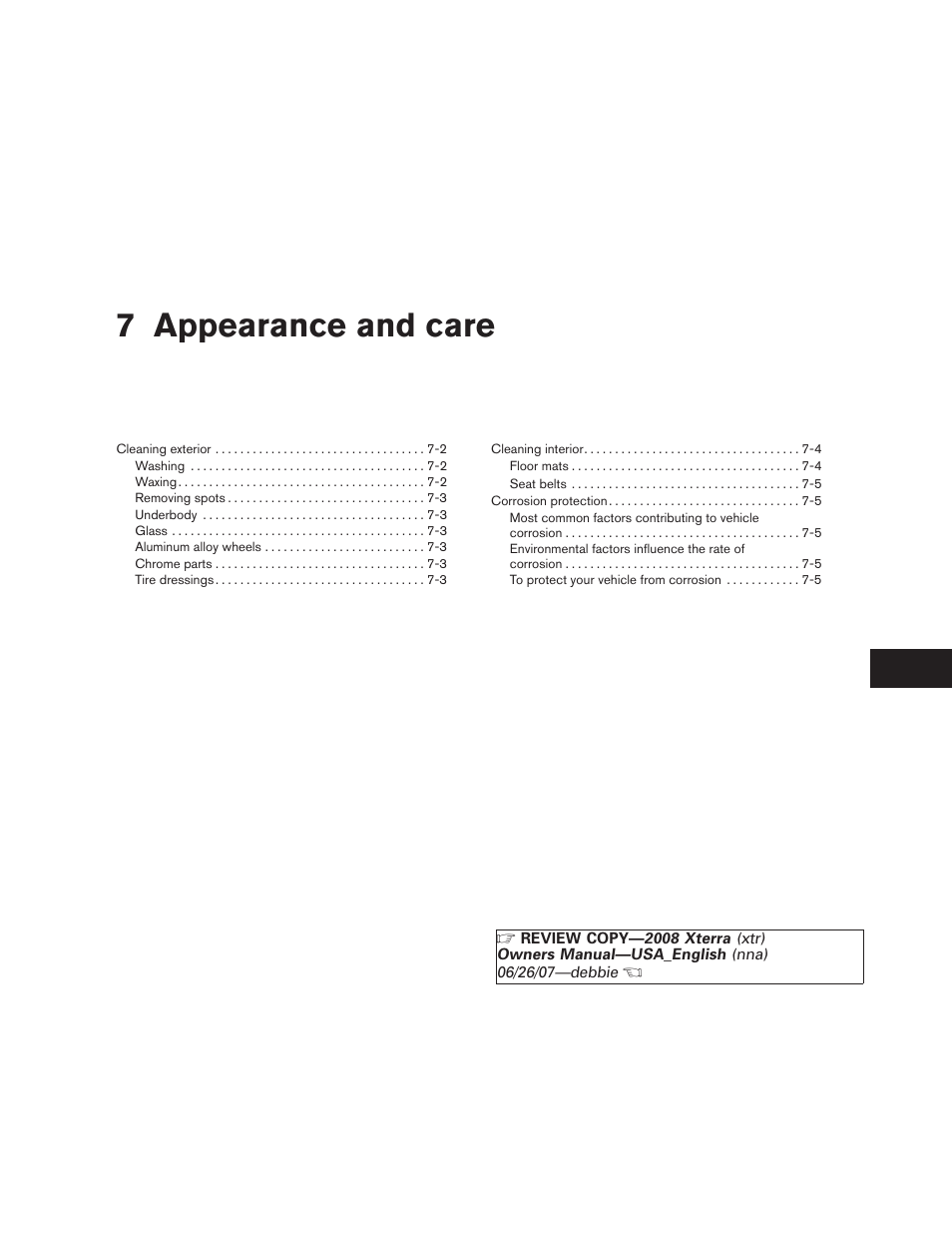 Appearance and care, 7 appearance and care | NISSAN 2008 Xterra User Manual | Page 233 / 320