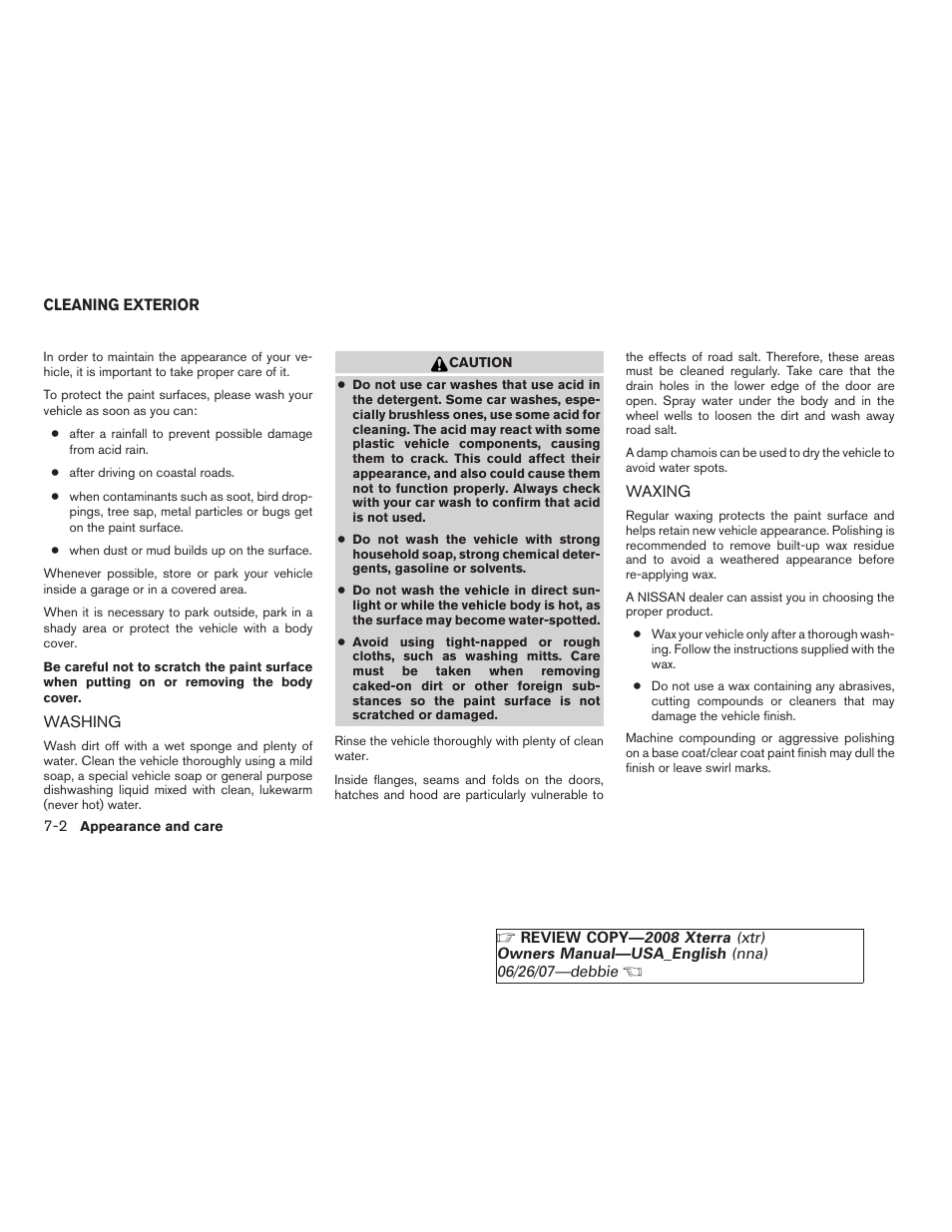 Cleaning exterior -2, Washing -2 waxing -2 | NISSAN 2008 Xterra User Manual | Page 234 / 320