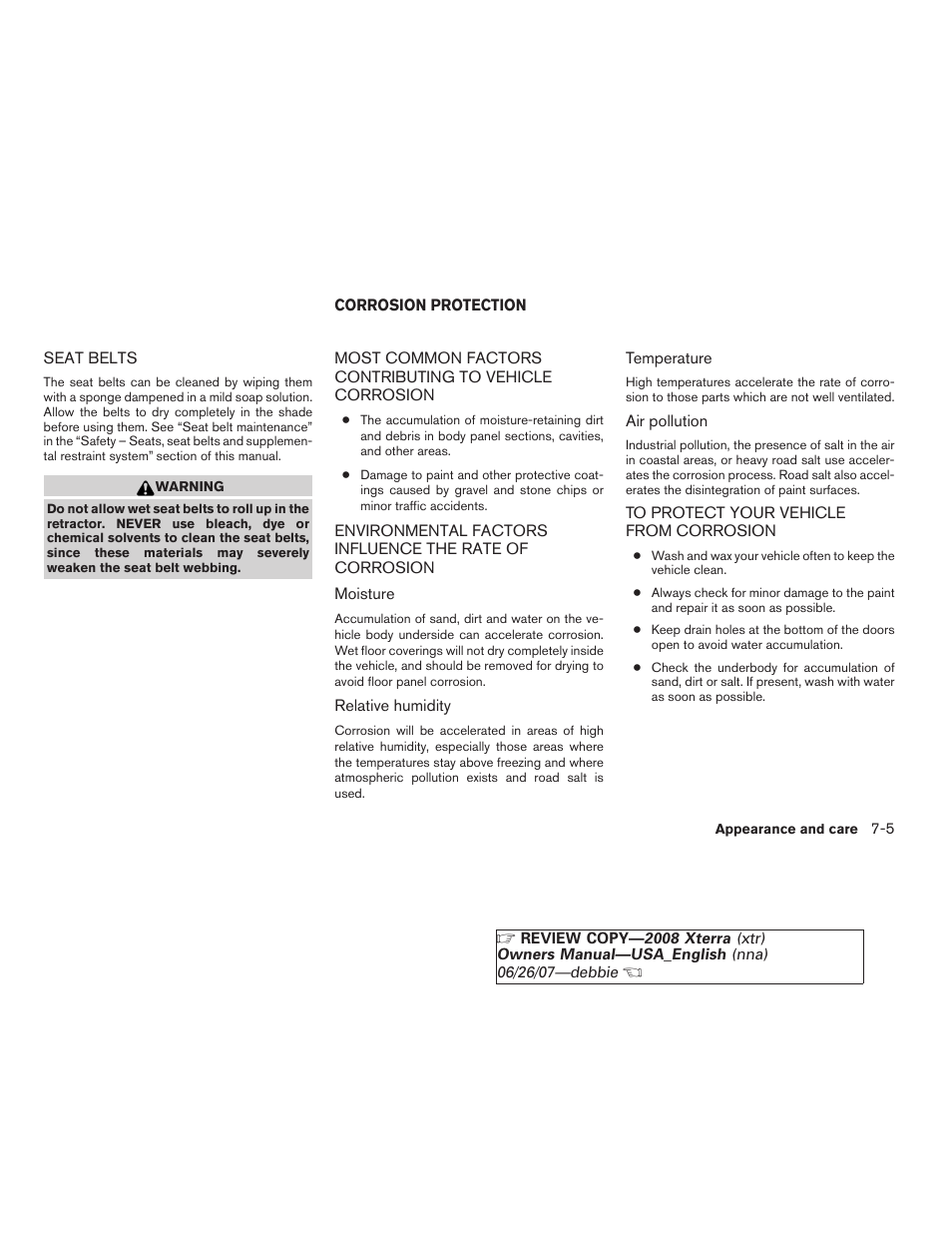 Seat belts -5, Corrosion protection -5, Most common factors contributing to vehicle | NISSAN 2008 Xterra User Manual | Page 237 / 320