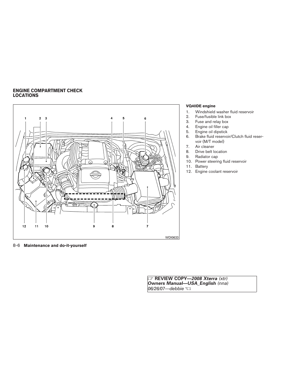 Engine compartment check locations -6 | NISSAN 2008 Xterra User Manual | Page 244 / 320