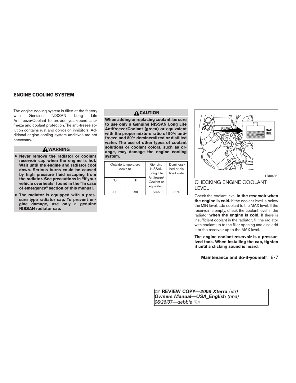 Engine cooling system -7, Checking engine coolant level -7 | NISSAN 2008 Xterra User Manual | Page 245 / 320