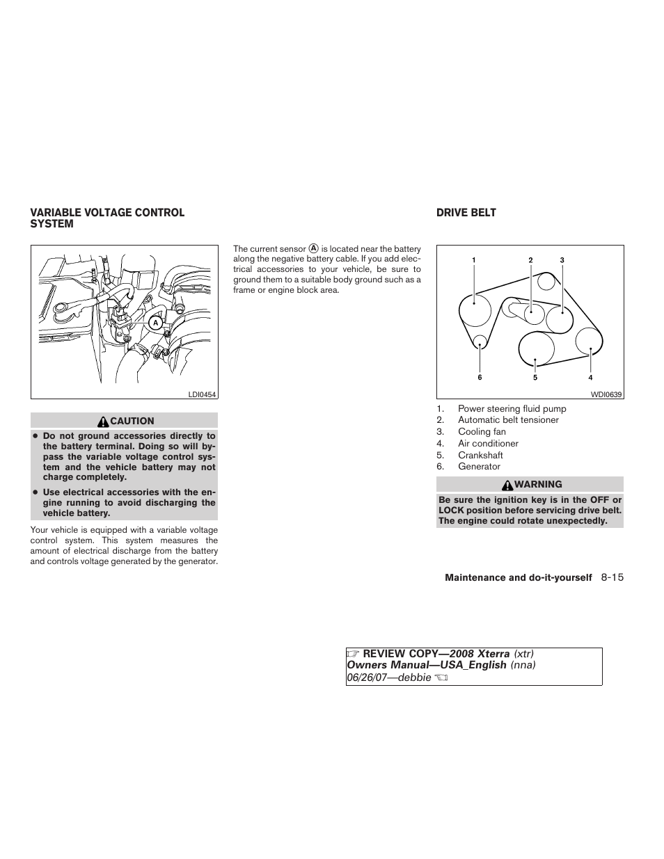 Variable voltage control system -15, Drive belt -15 | NISSAN 2008 Xterra User Manual | Page 253 / 320