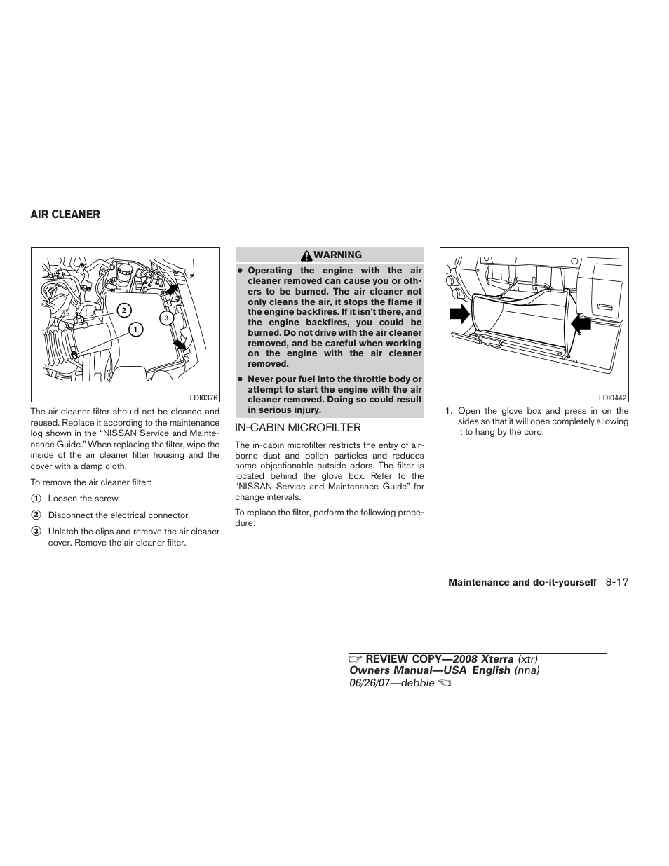 Air cleaner -17, In-cabin microfilter -17 | NISSAN 2008 Xterra User Manual | Page 255 / 320