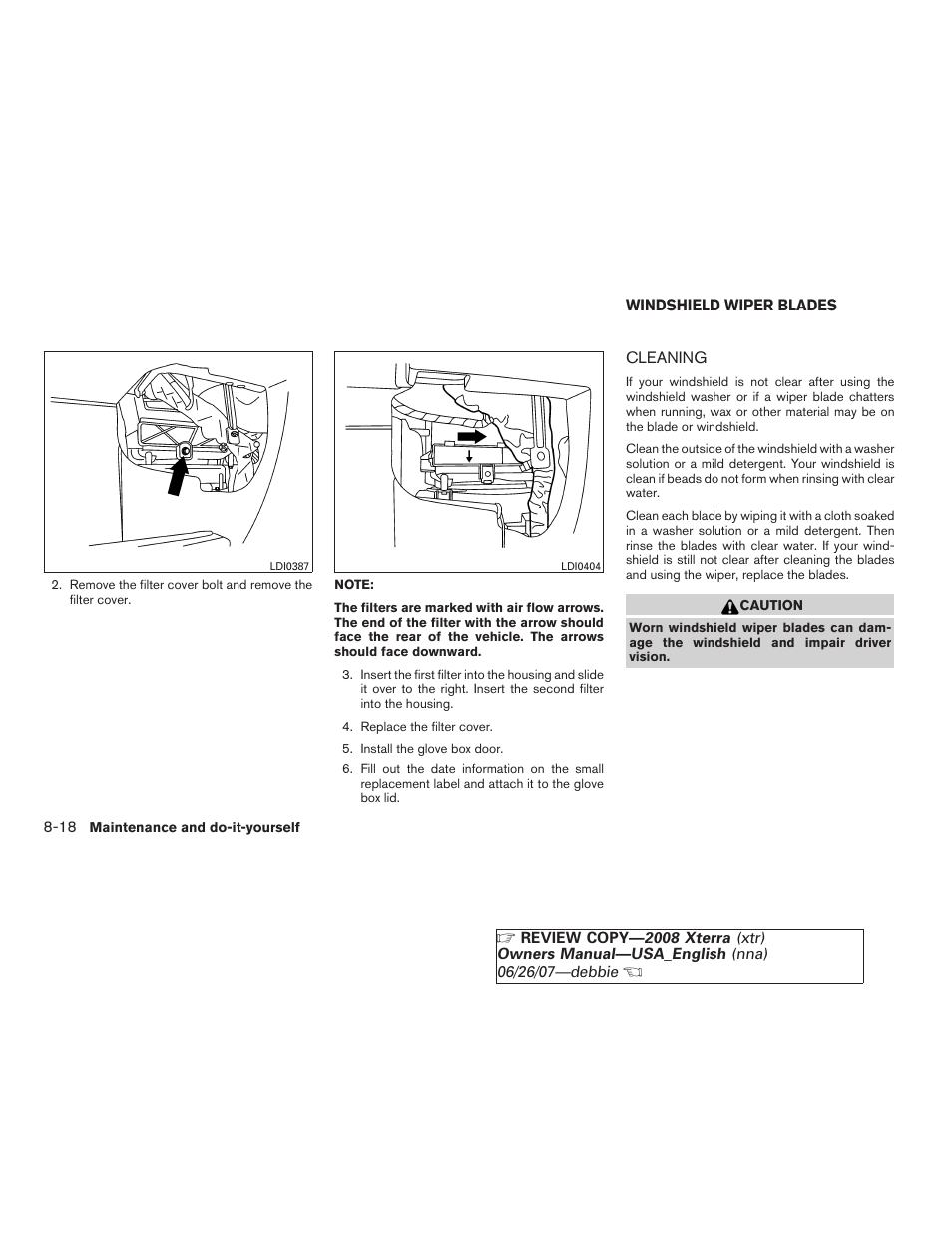 Windshield wiper blades -18, Cleaning -18 | NISSAN 2008 Xterra User Manual | Page 256 / 320