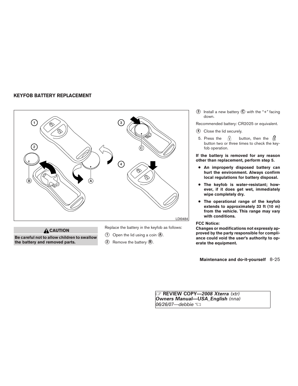 Keyfob battery replacement -25 | NISSAN 2008 Xterra User Manual | Page 263 / 320