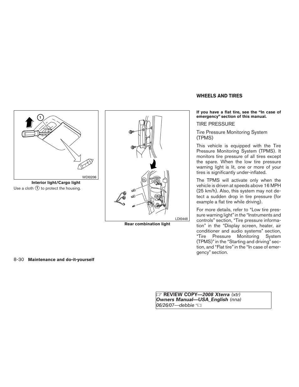 Wheels and tires -30, Tire pressure -30 | NISSAN 2008 Xterra User Manual | Page 268 / 320