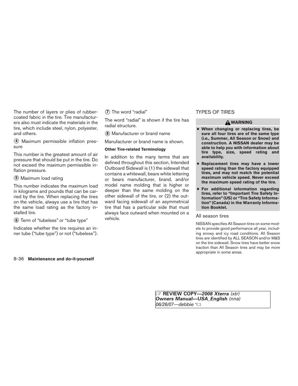 Types of tires -36 | NISSAN 2008 Xterra User Manual | Page 274 / 320