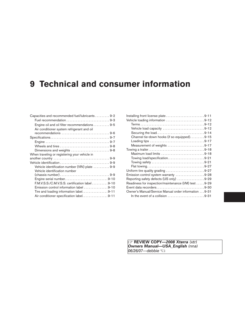 Technical and consumer information, 9 technical and consumer information | NISSAN 2008 Xterra User Manual | Page 279 / 320
