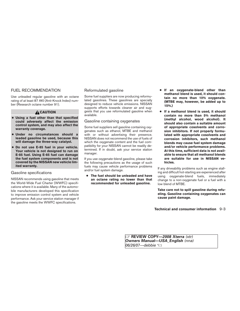 Fuel recommendation -3 | NISSAN 2008 Xterra User Manual | Page 281 / 320