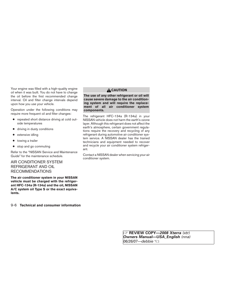 Air conditioner system refrigerant and oil, Recommendations -6 | NISSAN 2008 Xterra User Manual | Page 284 / 320