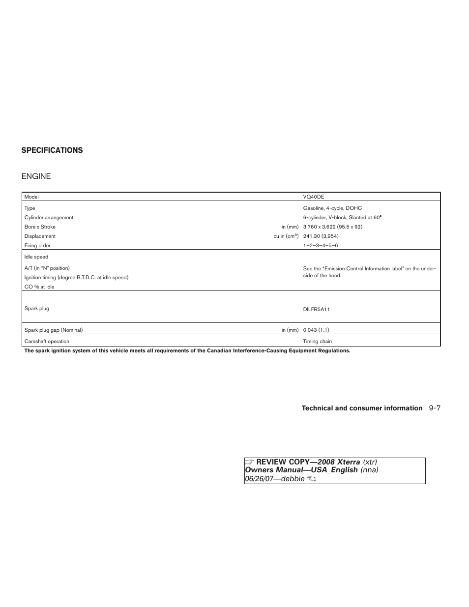 Specifications -7, Engine -7, Engine | Specifications | NISSAN 2008 Xterra User Manual | Page 285 / 320