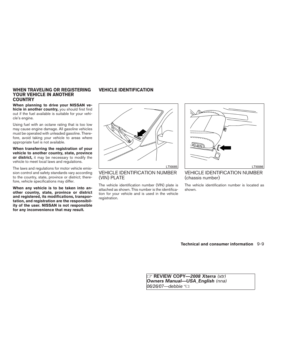 When traveling or registering your vehicle in, Another country -9 vehicle identification -9, Chassis number) -9 | NISSAN 2008 Xterra User Manual | Page 287 / 320